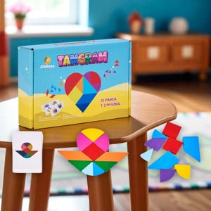 Wooden Tangram Puzzle Game – 18 Piece Brain Teaser for Kids – Educational Montessori Toy – Shape Builder Activity – Colorful Logic Set