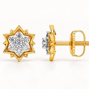 May include: A pair of stud earrings featuring a central cluster of seven round brilliant-cut diamonds set in white metal, surrounded by a six-pointed star-shaped frame crafted from polished yellow gold with a threaded post and screw back.