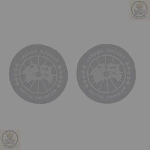 Puede incluir: Dos parches circulares grises con el texto "CANADA GOOSE" y "ARCTIC PROGRAM" alrededor de un mapa del Ártico. Los parches tienen un diseño de corona de laurel y están sobre un fondo gris. El logotipo de Patch King está en las esquinas.