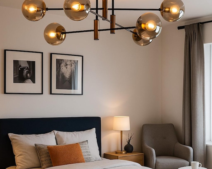 Glass Globe Sputnik Chandelier: Mid Century Modern Black & Gold Lighting
