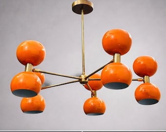 Mid Century Sputnik Chandelier Pendant Light | Bedroom Ceiling Lamp Brass & Orange Ball