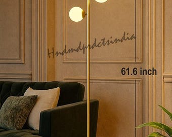 Mid-Century Modern Brass Floor Lamp - Frosted Glass Globe Tree Bedroom Light