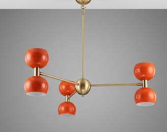 Brass 3-Arm Sputnik Chandelier Orange Mid-Century Modern Ceiling Light Fixture