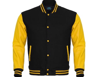 Varsity Jacket Black Body Yellow Leather Sleeves Jacket Letterman Jacket Custom Varsity Jackets Personalized Varsity Jacket