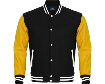 Varsity Jacket Black Body Yellow Leather Sleeves Jacket Letterman Jacket Basebal Jacket Custom Varsity Jacket Personalized Varsity Jacket