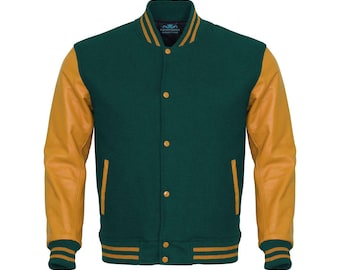 Varsity Jacket Forest Green Body Gold Leather Sleeves Jacket Letterman Jacket Baseball Jacket Custom Varsity Jackets Personalized Jacket