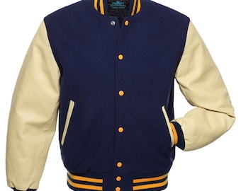 Varsity Jacket Navy Blue Body Cream Leather Sleeve Jacket Letterman Jacket Baseball Jacket Custom Varsity Jacket Personalized Varsity Jacket