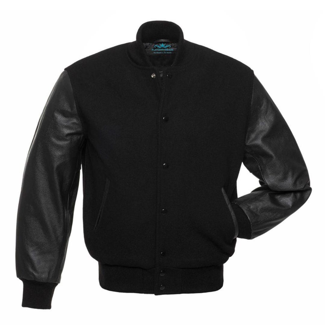 Varsity Jacket Black Body Black Leather Sleeves Jacket Letterman Jacket ...