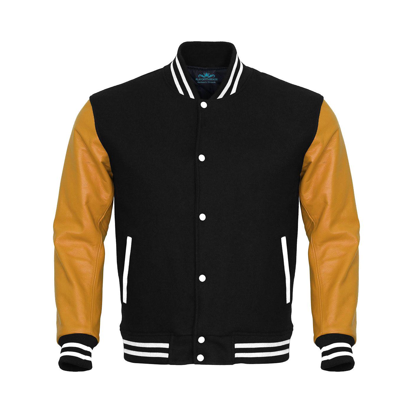 Varsity Jacket Black Body Gold Leather Sleeves Jacket Letterman Jacket Baseball Jacket Custom Varsity Jackets Personalized Varsity Jacket