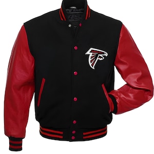 Atlanta Falcons Varsity Jacket Black Body Red Leather Sleeves Letterman Jacket Baseball Jackets Custom Jackets Mens Team Jackets
