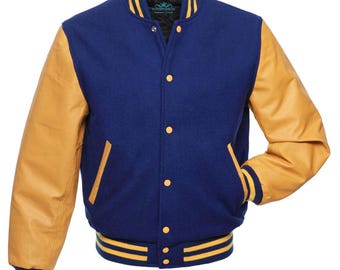 Varsity Jacket Royal Blue Body Gold Leather Sleeve Jacket Letterman Jacket Baseball Jacket Custom Varsity Jacket Personalized Varsity Jacket