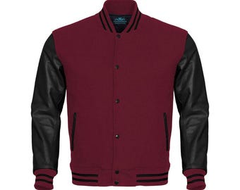 Jaqueta universitária marrom, corpo preto, mangas de couro, jaqueta letterman, jaqueta de beisebol, jaqueta personalizada, jaquetas de equipe masculinas, jaqueta personalizada