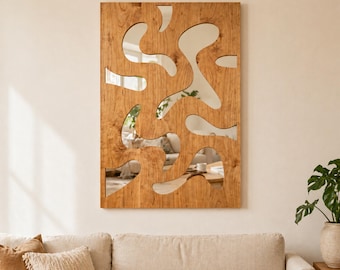 Wooden Abstract Wall Mirror, Large Decorative Wall Mirror, Modern Statement Mirror, Japandi Wall Decor, Scandinavian Living Room Mirror