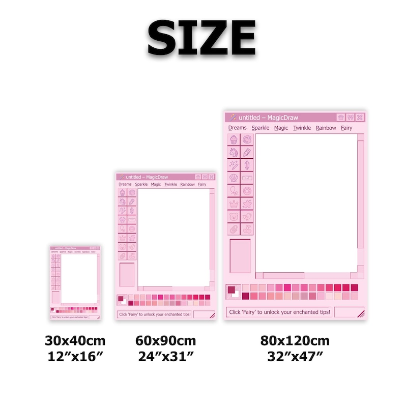 May include: Pink digital art prints in three sizes: 12"x16", 24"x31", and 32"x47". Each print features a pink computer interface design with the text "untitled - MagicDraw" and the words "Dreams Sparkle Magic Twinkle Rainbow Fairy".