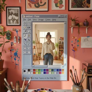 May include: A unique mirror designed to resemble a computer paint program window, with the text "untitled - Paint" at the top. The mirror reflects a person in a cream-colored sweater and jeans. The wall is painted a coral color and decorated with art and paint supplies.