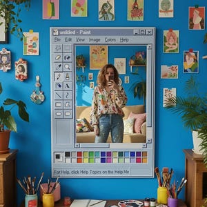 May include: A large, rectangular mirror designed to resemble the classic Windows Paint program interface. The mirror is mounted on a bright blue wall, reflecting a person taking a photo. The wall is decorated with artwork and plants. Text on the mirror reads "untitled - Paint".