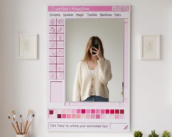 Espejo rosa pixelado, inspirado en la pintura retro, decoración estética para habitaciones.