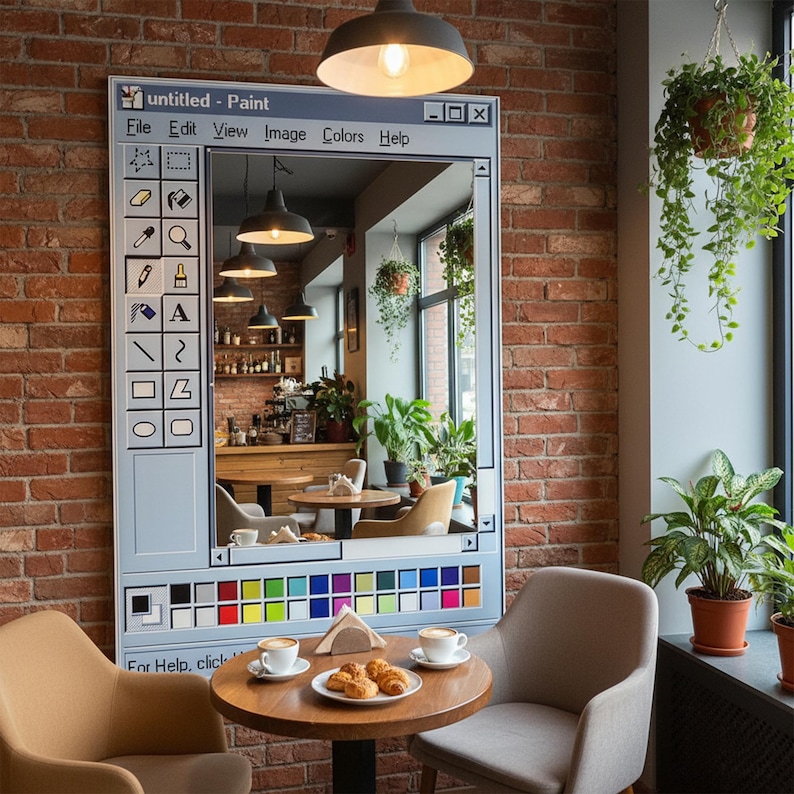 May include: A large rectangular mirror with a light blue frame designed to resemble the classic Microsoft Paint application. The mirror reflects a cafe interior with tables, chairs, and hanging plants. The text "untitled - Paint" is visible at the top.