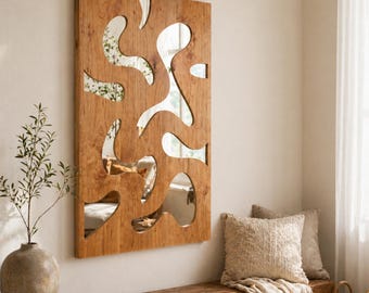 Abstract Wood Wall Mirror, Japandi Scandinavian Decor, Oak-Look Statement Piece