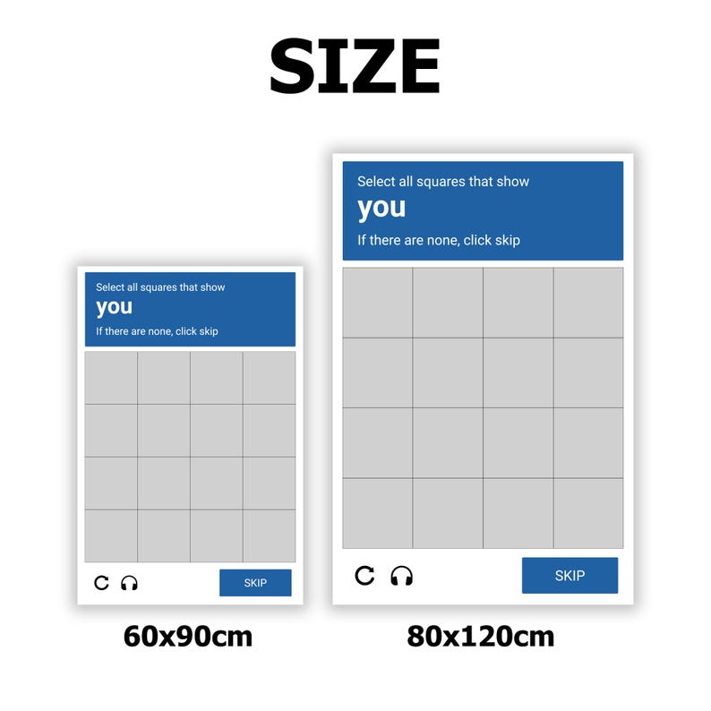 K&ouml;nnte beinhalten: Zwei wei&szlig;e rechteckige Bilder mit einem blauen Header mit der Aufschrift "Select all squares that show you". Die Bilder haben ein Raster aus grauen Quadraten und eine Skip-Schaltfl&auml;che. Der Text "SIZE" steht &uuml;ber den Bildern. Die Gr&ouml;&szlig;en sind 60x90cm und 80x120cm.