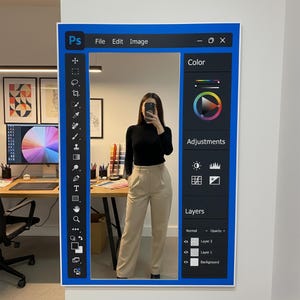 May include: A rectangular mirror framed with a blue border designed to resemble the Adobe Photoshop interface. The mirror includes the "Ps" logo, menu options, and adjustment panels. The mirror reflects a person wearing a black turtleneck and tan pants.