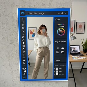 May include: A mirror framed in a blue Photoshop-themed border. The mirror reflects a person wearing a white sweater and tan pants. The Photoshop interface includes "File," "Edit," and "Image" options, along with color and adjustment tools.