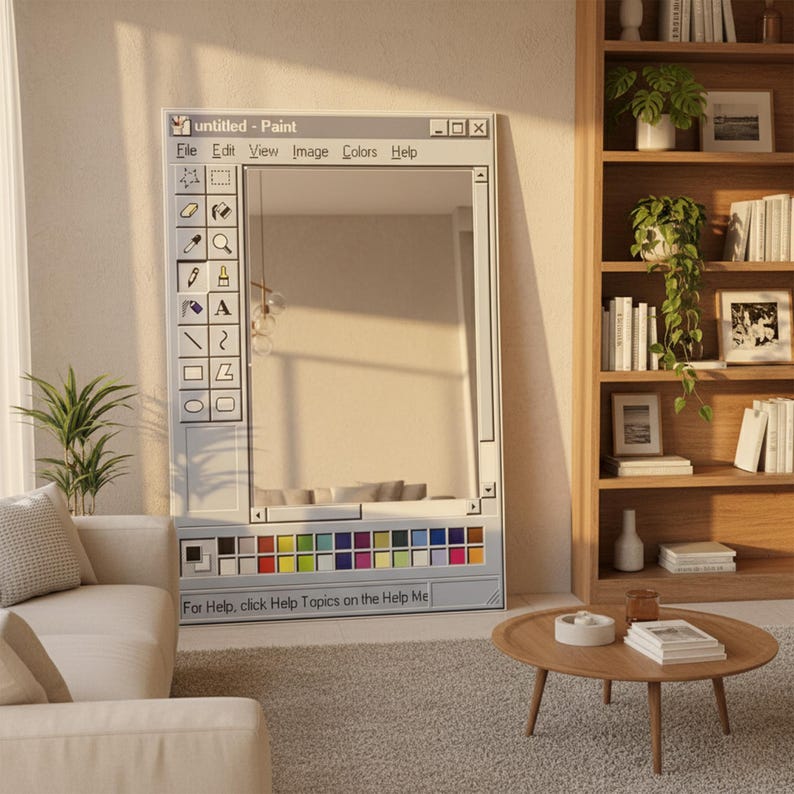 May include: A large, rectangular mirror designed to resemble the classic Windows Paint program interface. The mirror features a gray frame with a toolbar and color palette at the bottom. The text "untitled - Paint" is visible at the top. The mirror reflects a living room.