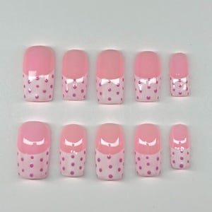 Trendy white french and pink polka dot press on nails