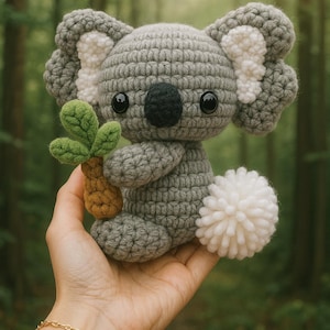 May include: A handmade gray crochet koala bear with a black nose and eyes, holding a small tree. The koala has white accents on its ears and a fluffy white tail. The koala is approximately 6 inches tall.