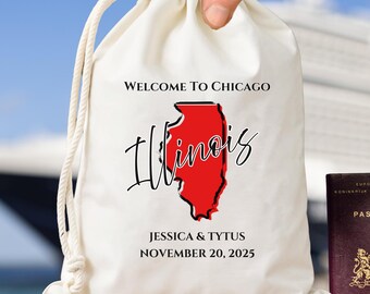 Custom Welcome To Chicago Bag, Chicago Destination Wedding Favors, Illinois Country State Outline Map Bag, Beach Wedding Party Favor Bags