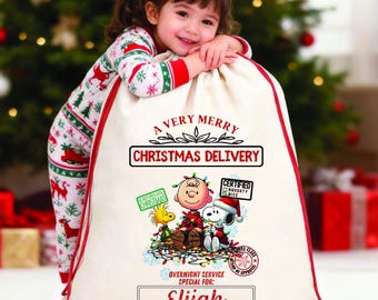 Personalized Charlie and Friends Christmas Santa Sack Gift Bags With Kids Name, North Pole Present Sack, Special Delivery Santa Sack Bag