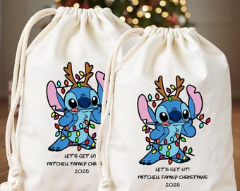Custom Stitch Lilo Themed Christmas Party Bags, Stitch Birthday Favor Bag, Favor Bag For Kids With Names, Cute Alien Theme Birthday Gift Bag