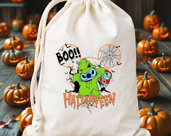 Sacola de guloseimas de Halloween personalizada com ponto cruz - Sacola de Halloween com cordão Cute Boo para crianças - Lembrancinha de Halloween para o primeiro bebê - Sacola de guloseimas com nome