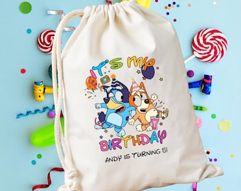 Sacchetti regalo di compleanno personalizzati a tema Bluey Dog Bingo, sacchetti con coulisse per feste a tema Bluey, sacchetti personalizzati per feste di compleanno per bambini, sacchetti per caramelle a tema Bluey