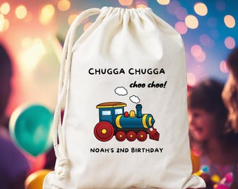 Custom Train Birthday Party Goodie Bags - Reusable Canvas Drawstring Party Favor Bag - Kids Bulk Treat Bags - Kids Party Childrens Name Bag