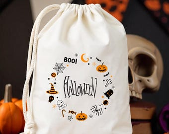 Personalized Boo Halloween Party Favor Bag, Custom Halloween Funny Birthday Gift Bags, Spooky Witch Hat and Broom, Groovy Ghost Favor Bags