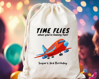 Personalized Airplane Birthday Bag - Kids Birthday Favors - Customized Childrens Name Goodie Bag - Kids Party Favor - Time Flies Birthday
