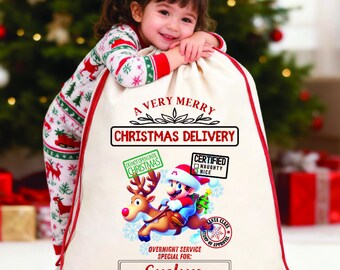 パーソナライズされたスーパーマリオクリスマスサンタサックギフトバッグ、お子様の名前入りサンタサック、北極プレゼントサック、特別配達サンタサックバッグ