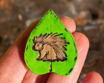 Leaf Pin Real Lilac Leaf Impression with Porcupine Stamp in Clay in Green Brown Colors Small Brooch Scarf Hat Pin Nature Jewelry