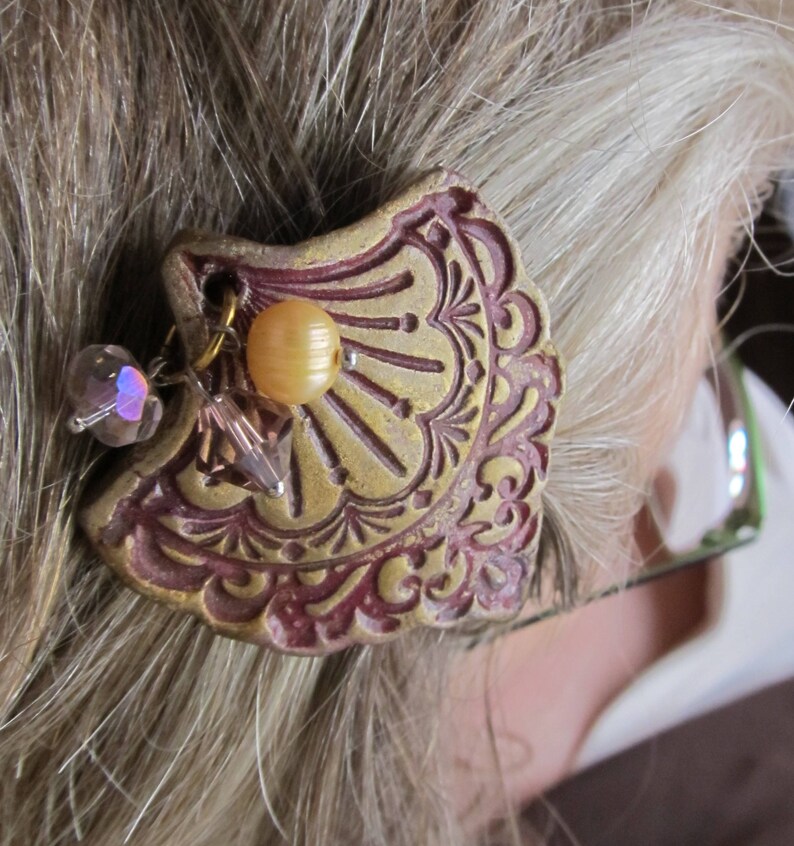 Barrette Set of 2 Chandelier Stamp Impressions in Clay Gold over Burgundy Color Freshwater Pearl Crystal and Glass Beads French Hair Clip