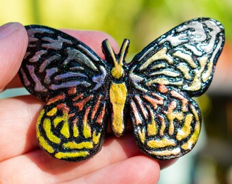 Barrette Medium Hair Clip Butterfly Design in Clay in Gold Silver and Copper on Black French Style Clip Pony Tail Shrug Buckle