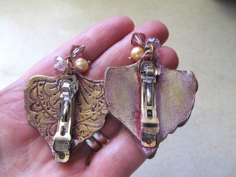 Barrette Set of 2 Chandelier Stamp Impressions in Clay Gold over Burgundy Color Freshwater Pearl Crystal and Glass Beads French Hair Clip
