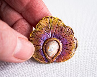 Leaf Pin Real Geranium Leaf Impression Clay Mexican Opal Gold Purple Brooch Scarf Sweater Hat Lapel Pin Shrug Buckle