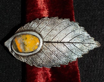 Barrette Medium Hair Clip Real Alder Leaf Impression Clay White Silver Color Bumble Bee Jasper Stone FrenchClip Pony Tail Scarf Shrug Buckle