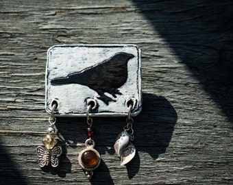 Crow Pin Impression Clay in White on Black Sterling Silver Pewter Dangles Scarf Sweater Shrug Pin Brooch Halloween Raven Spooky OOAK