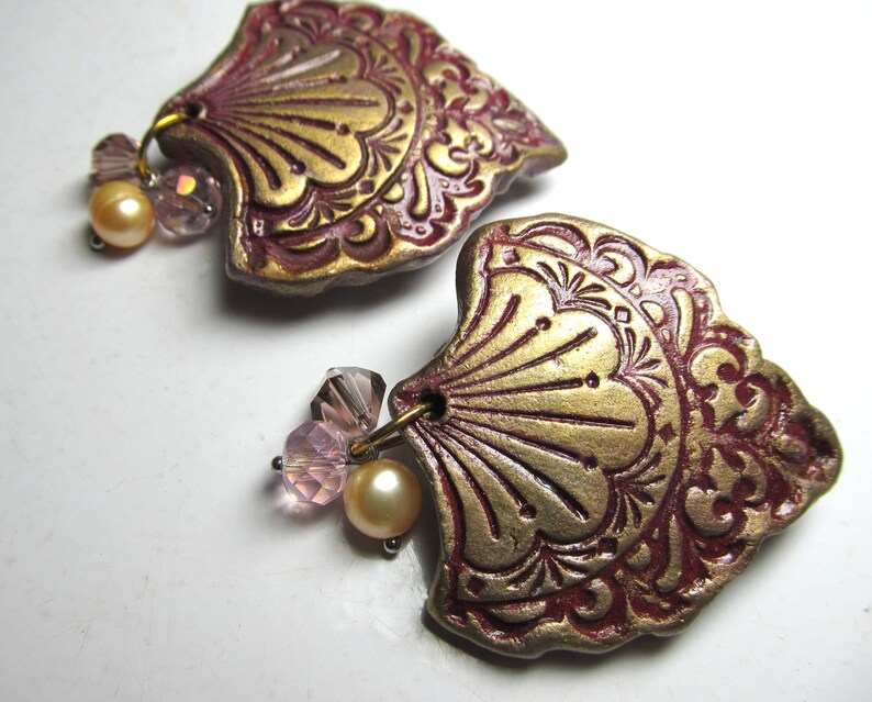 Barrette Set of 2 Chandelier Stamp Impressions in Clay Gold over Burgundy Color Freshwater Pearl Crystal and Glass Beads French Hair Clip