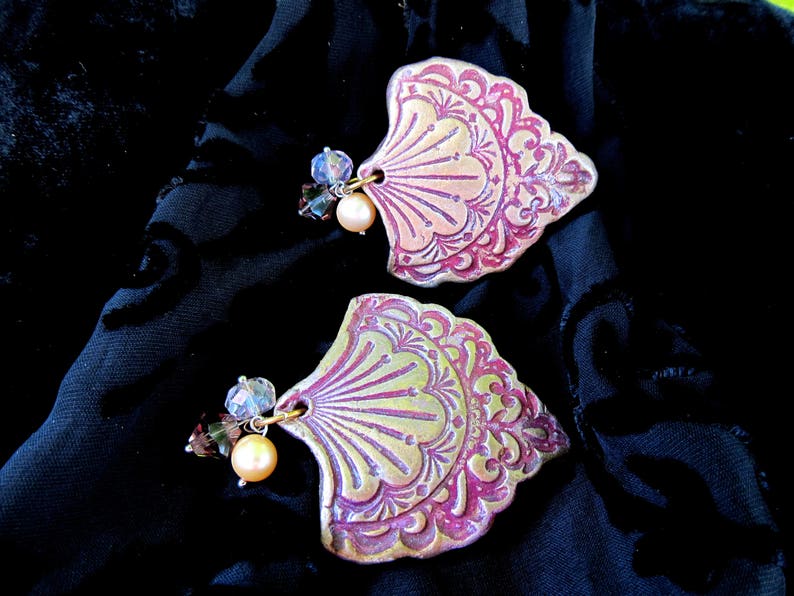 Barrette Set of 2 Chandelier Stamp Impressions in Clay Gold over Burgundy Color Freshwater Pearl Crystal and Glass Beads French Hair Clip