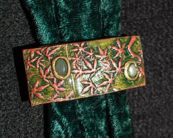 Barrette Small French-Style Hair Clip Japanese Maple Leaf Pattern Stamp Gold Green Copper FW Pearl Green Aventurine Stone Shrug Buckle
