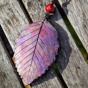 Alder Leaf Clay Ornament: Metallic Magenta Purple Silver Finish, Pewter Ceramic Wood Beads, Natural Christmas Decoration
