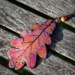 White Oak Leaf Ornament: Terracotta Clay, Antiqued Finish, Copper Wood Beads, Nature Decoration, Christmas, Yule, Wreath